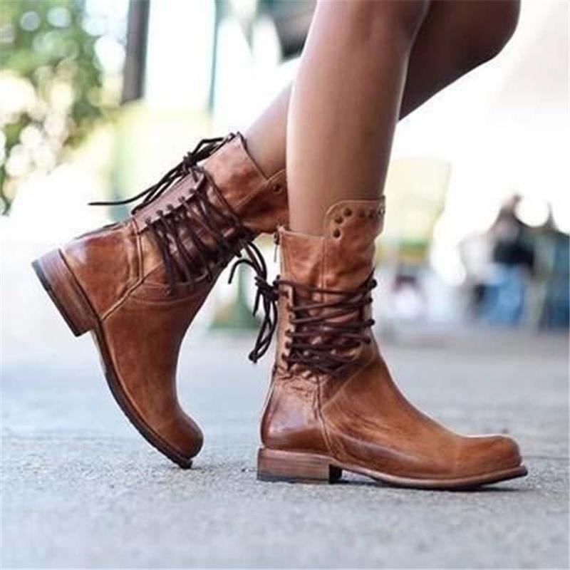 WINIFRED™ – Brown Leather Lace-Up Boots for Women