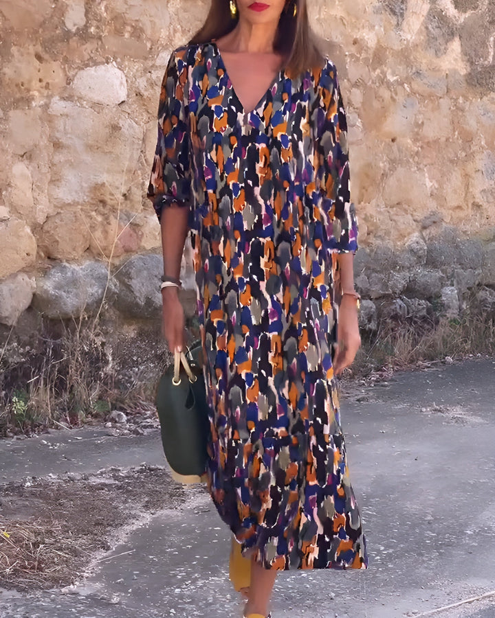 Lorina - Retro printed V-neck dress