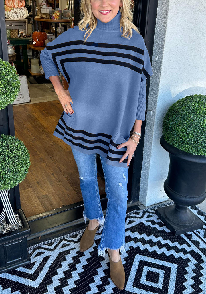 Women's High Neck Bat Sleeve Striped Sweater