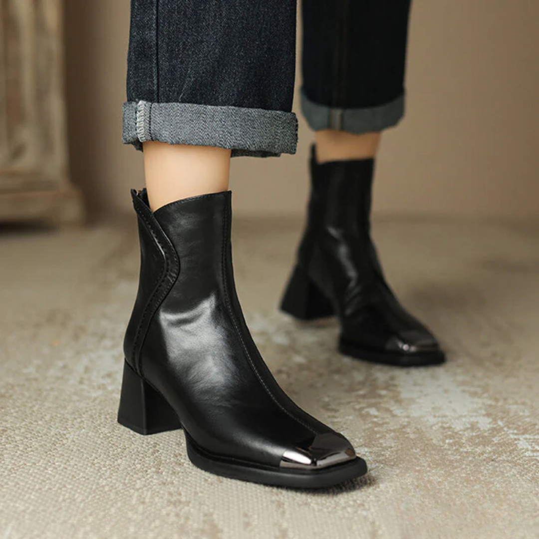 MAUREEN™ – Leather High Heel Ankle Boots with Elegant Cut and Gold Toe Detail