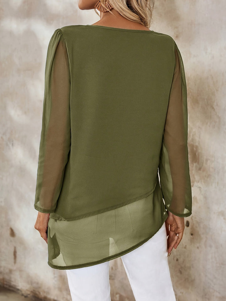 Corisande - Elegant Double Layer Blouse with Asymmetrical Hem and Light Sheerness