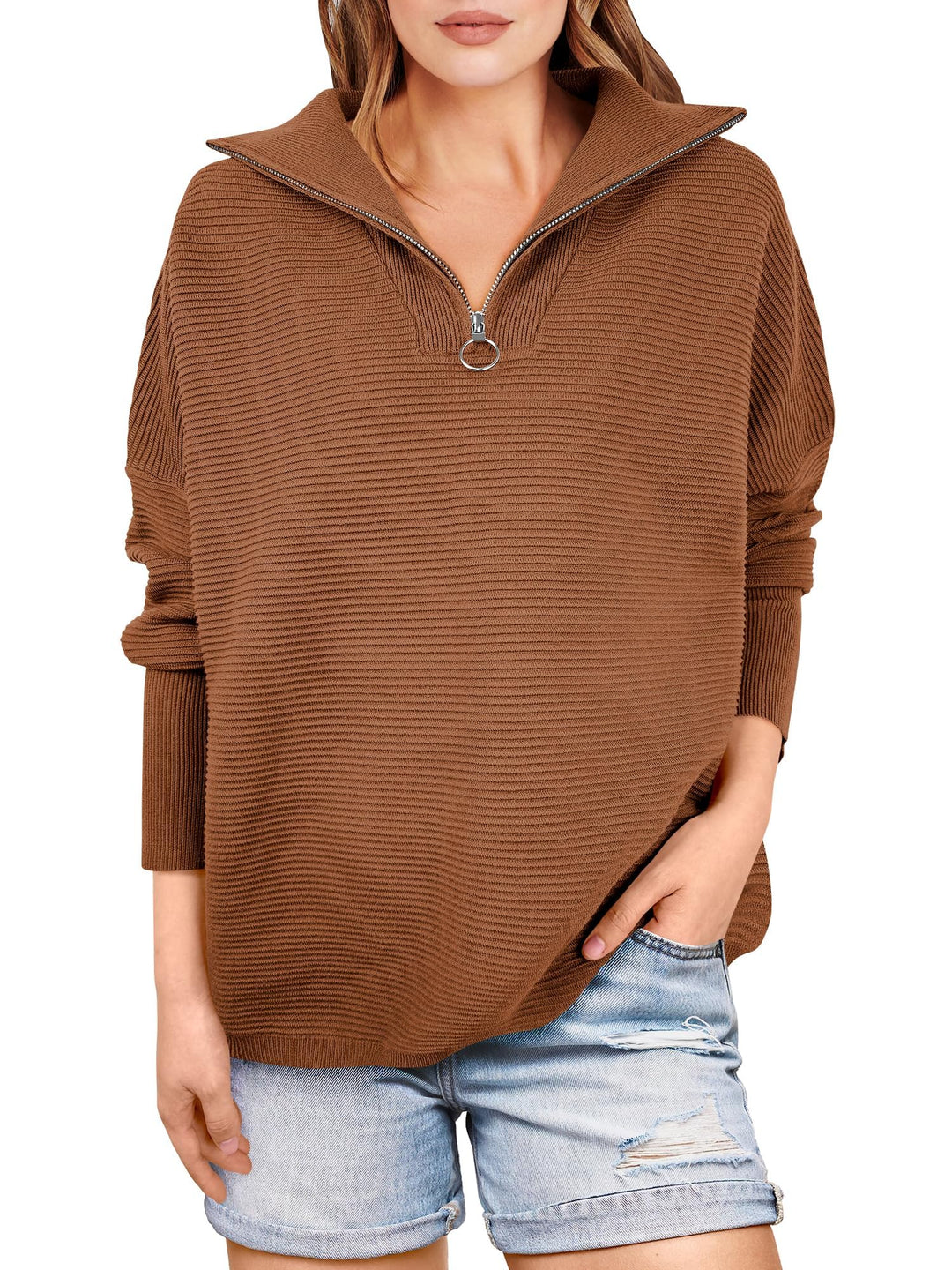 Women's Quarter Zip Rib Knit Cozy Pullover Sweaters