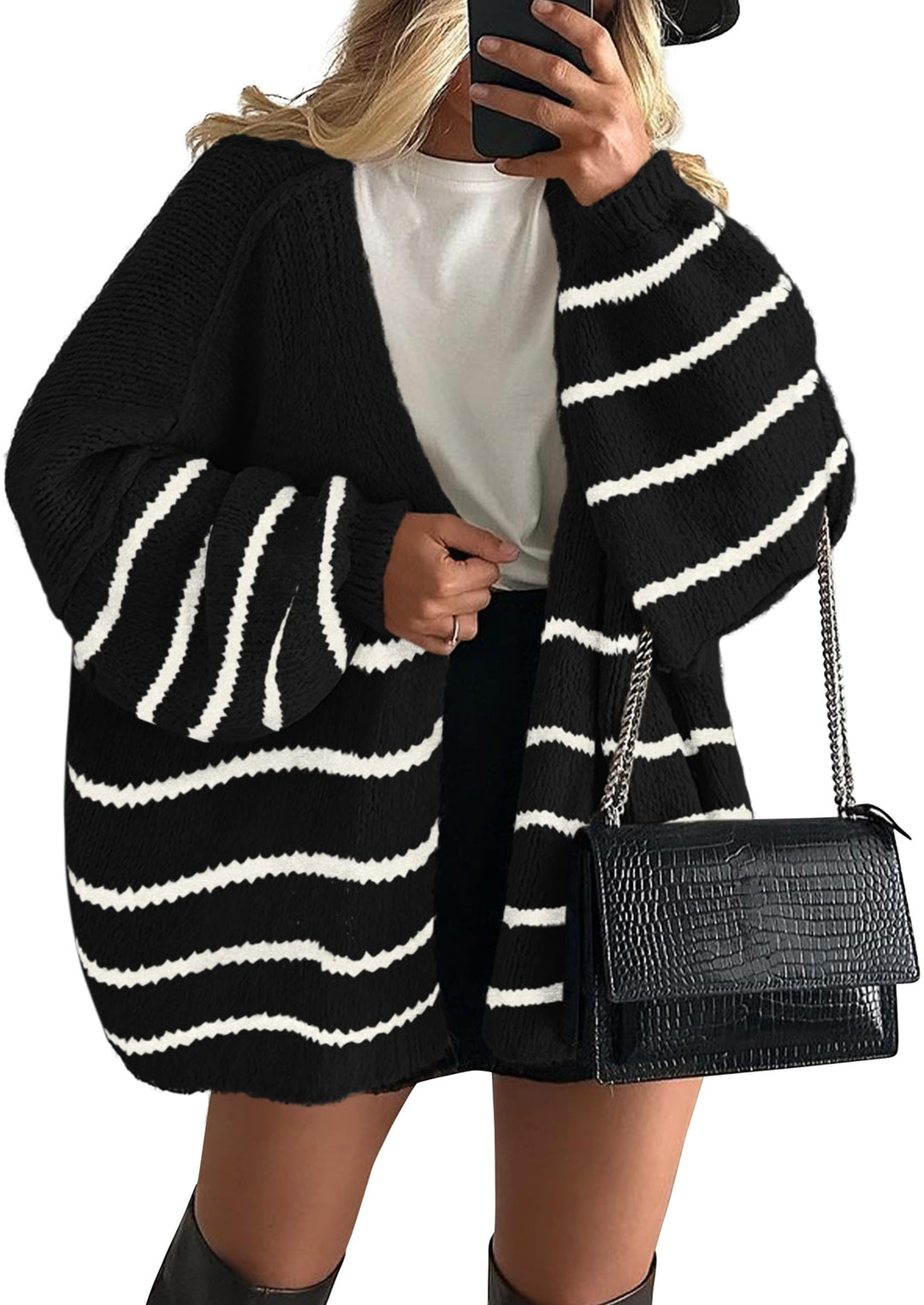 Women's Oversized Balloon Sleeve Striped Cardigan