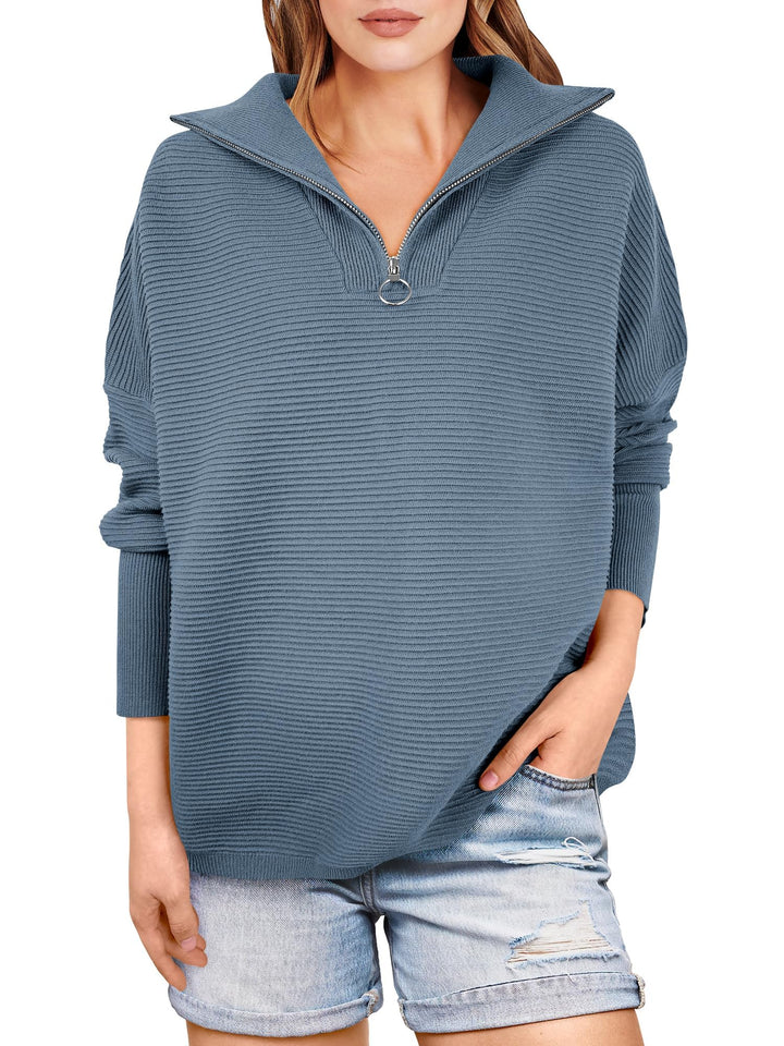 Women's Quarter Zip Rib Knit Cozy Pullover Sweaters