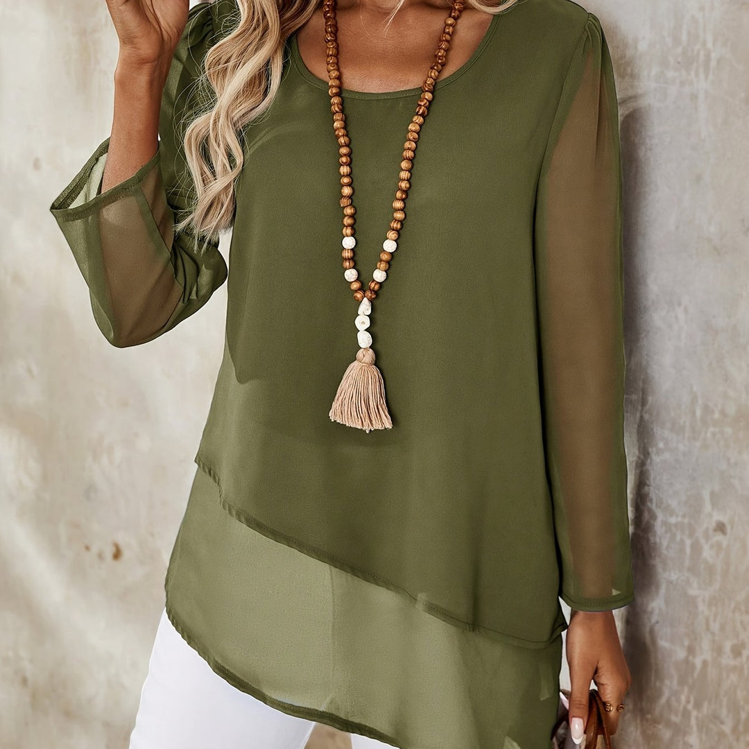 Corisande - Elegant Double Layer Blouse with Asymmetrical Hem and Light Sheerness
