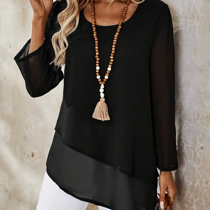 Corisande - Elegant Double Layer Blouse with Asymmetrical Hem and Light Sheerness