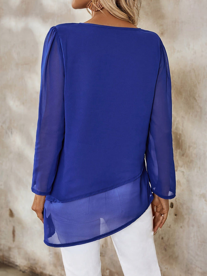 Corisande - Elegant Double Layer Blouse with Asymmetrical Hem and Light Sheerness