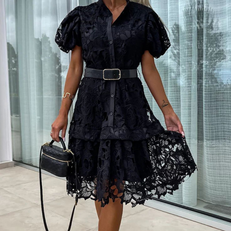 Layla - Women's Retro Lace Dress with Short Sleeves and Cutouts